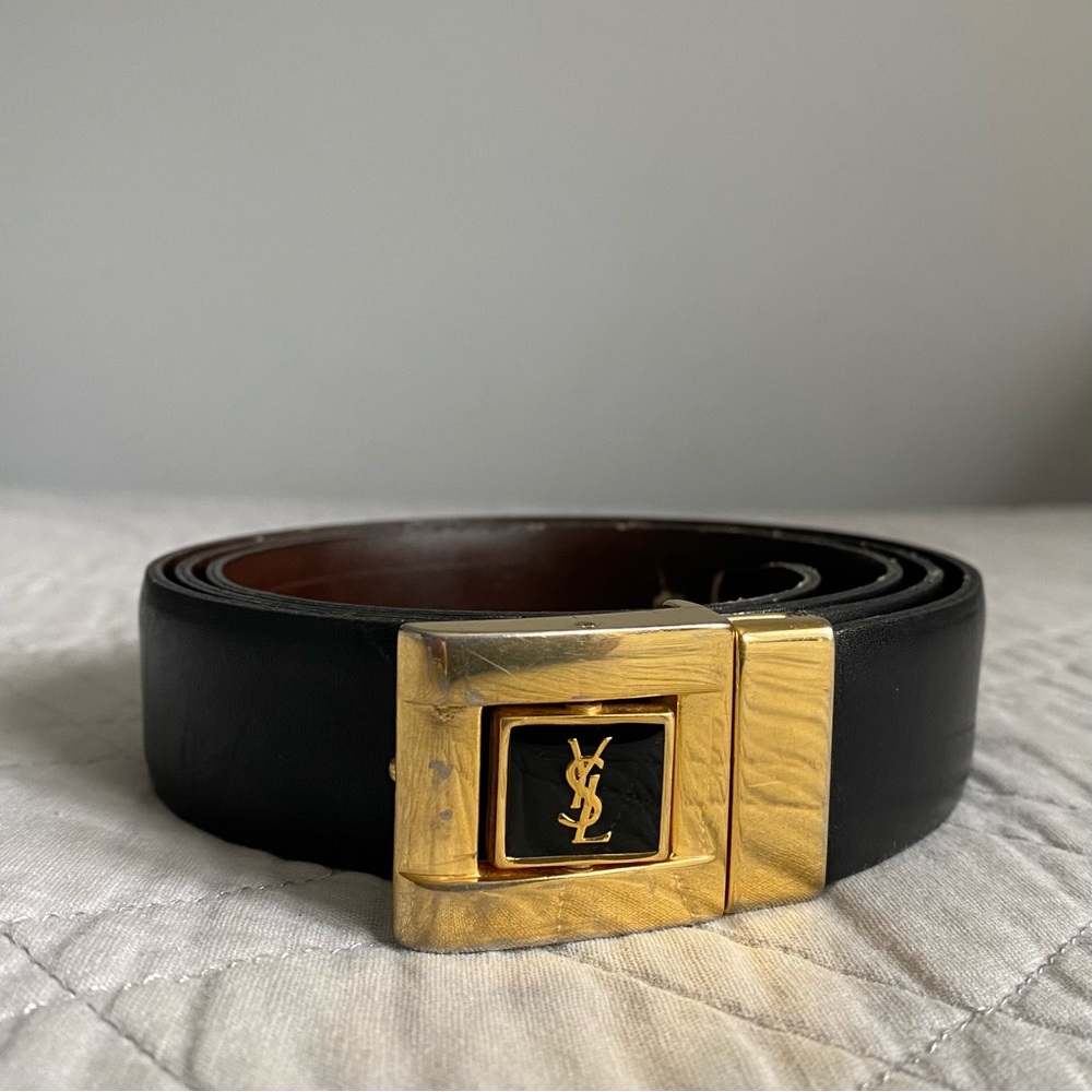 Vintage Rare YSL Yves Saint Laurent Reversible Logo Leather Belt wi/ Gold Buckle